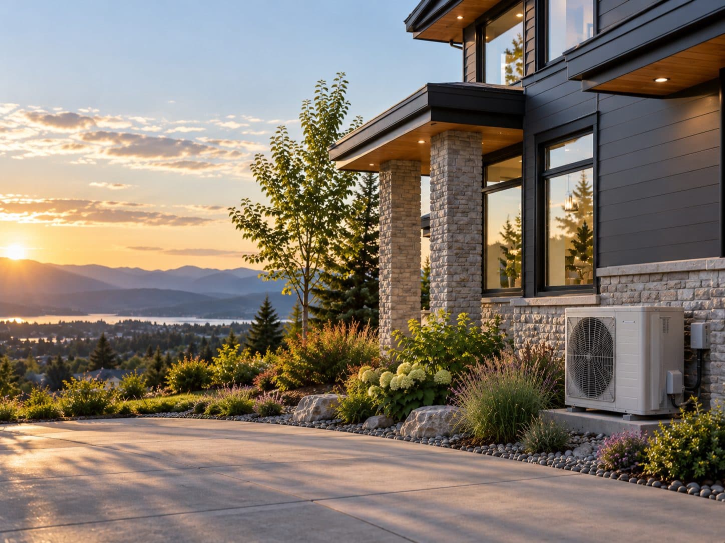 An outdoor air conditioner beside a summer lawn