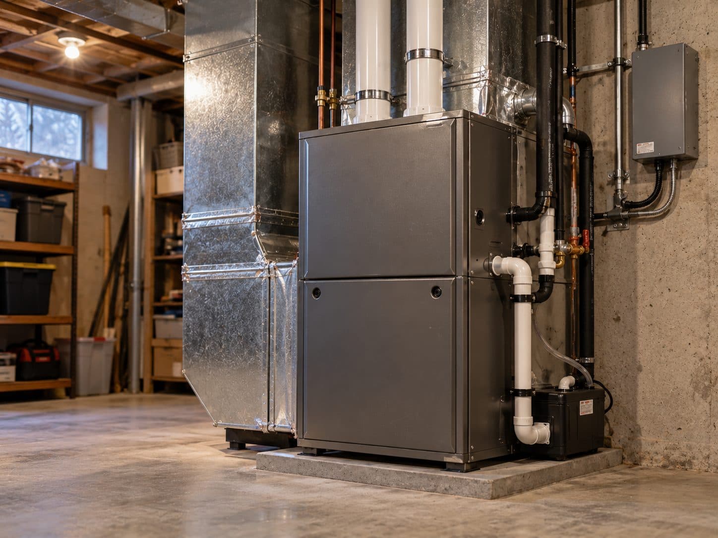 A residential furnace and ductwork in a mechanical room
