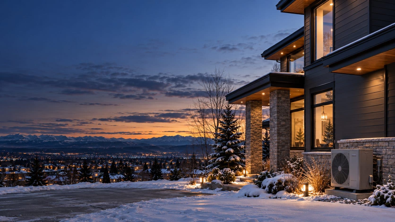 A winter evening view of a prairie home with warm interior light